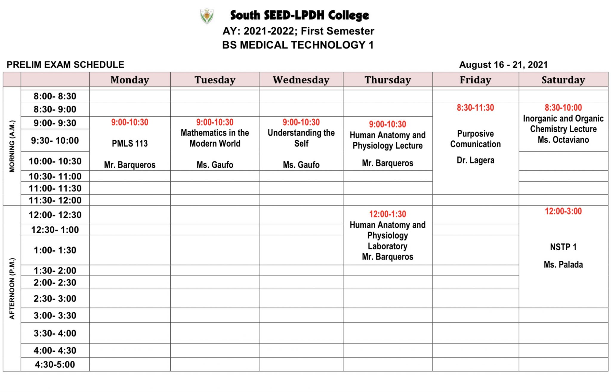 BS Medical Technology Examination Schedule South SEED LPDH College