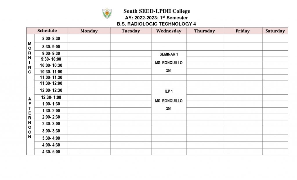 A.Y 2022-2023 1ST SEMESTER SCHEDULES – South SEED LPDH College