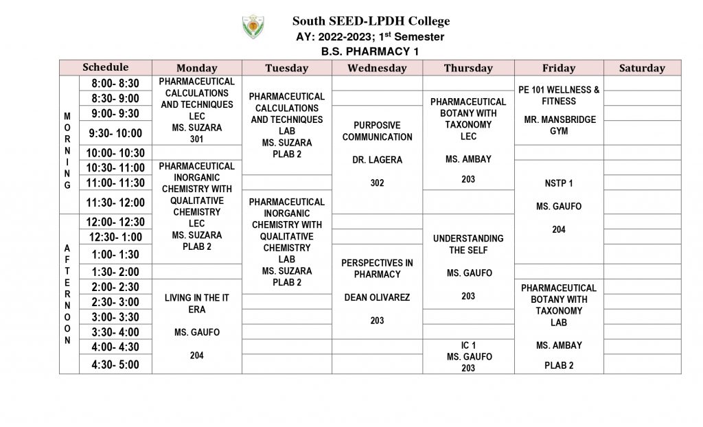 A.Y 20222023 1ST SEMESTER SCHEDULES South SEED LPDH College